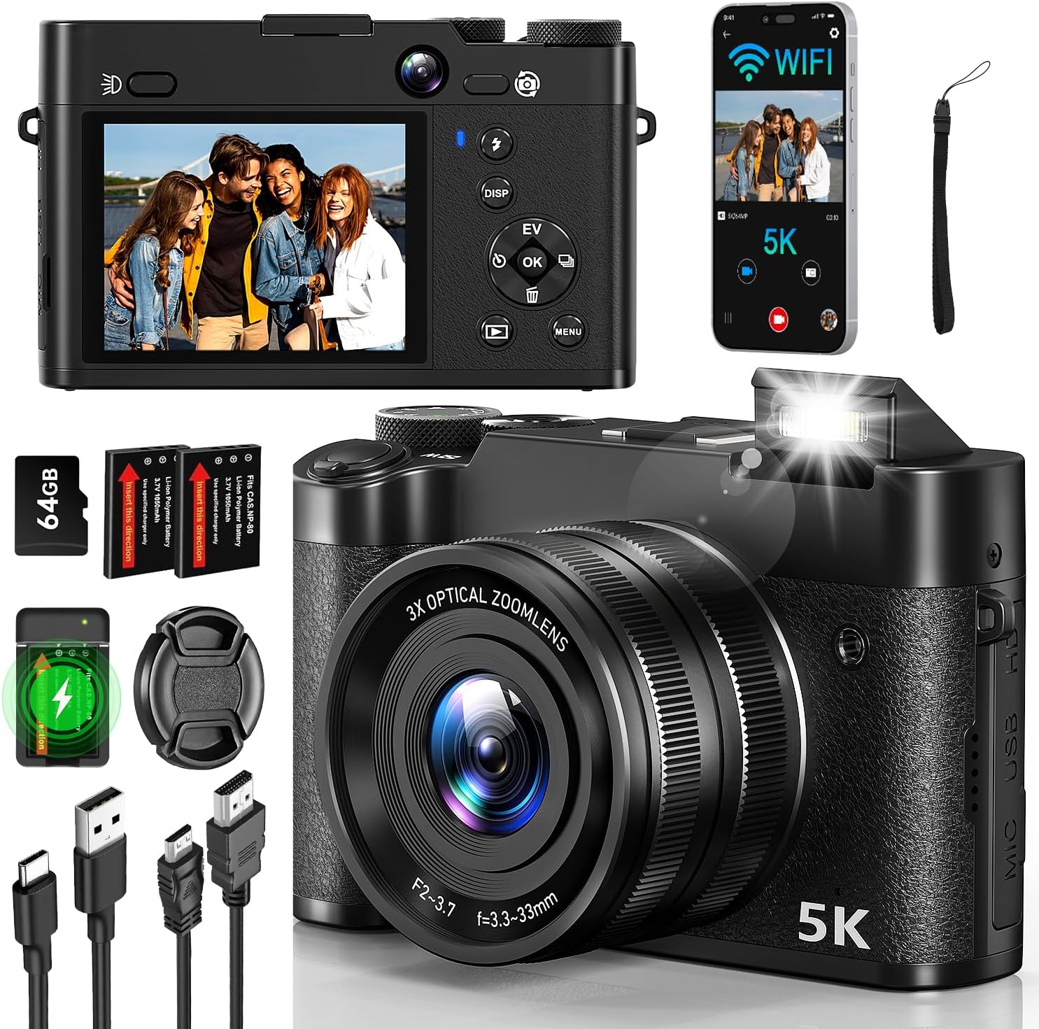 5K 64MP Digital Camera 3X Optical Zoom, WiFi Cameras for Photography & Video, Autofocus Travel Vlogging Camera for YouTube, 64GB Card, 2 Batteries