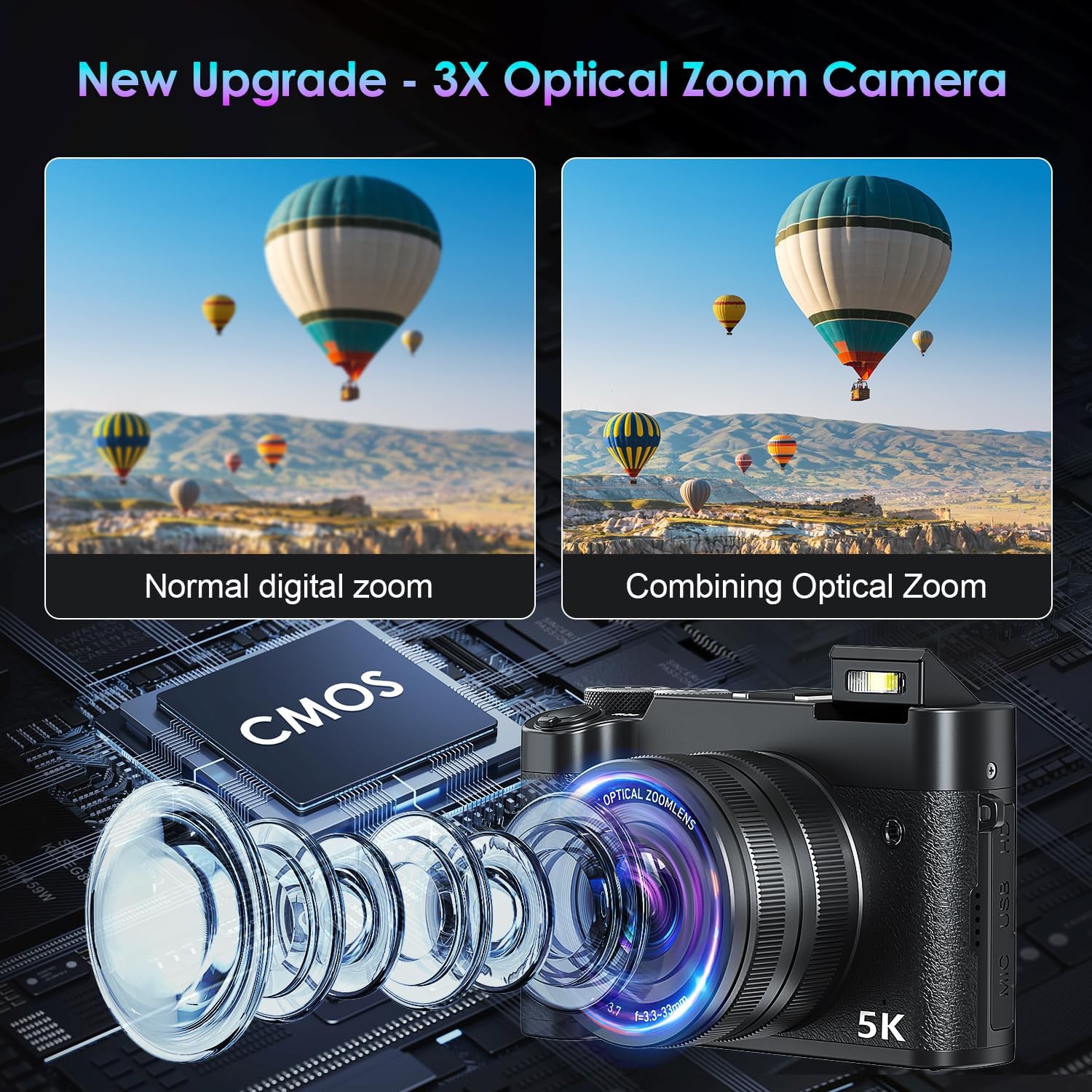 5K 64MP Digital Camera 3X Optical Zoom, WiFi Cameras for Photography & Video, Autofocus Travel Vlogging Camera for YouTube, 64GB Card, 2 Batteries - Image 2