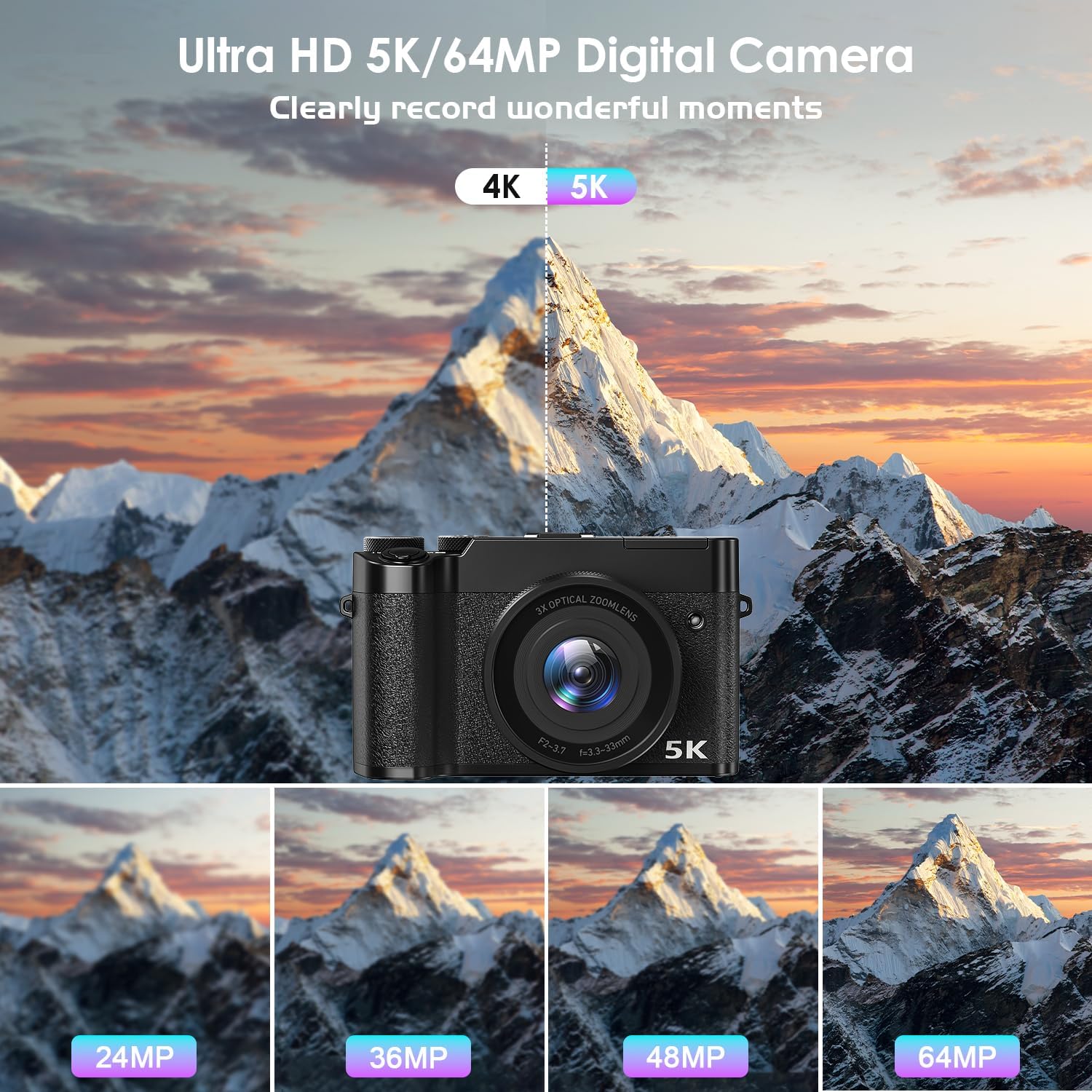 5K 64MP Digital Camera 3X Optical Zoom, WiFi Cameras for Photography & Video, Autofocus Travel Vlogging Camera for YouTube, 64GB Card, 2 Batteries - Image 3