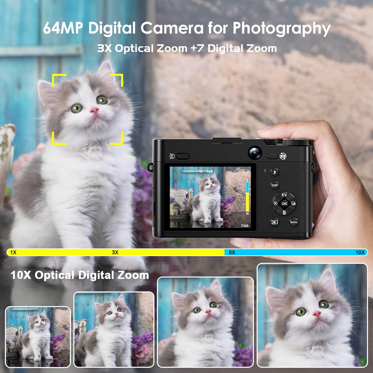 5K 64MP Digital Camera 3X Optical Zoom, WiFi Cameras for Photography & Video, Autofocus Travel Vlogging Camera for YouTube, 64GB Card, 2 Batteries - Image 4