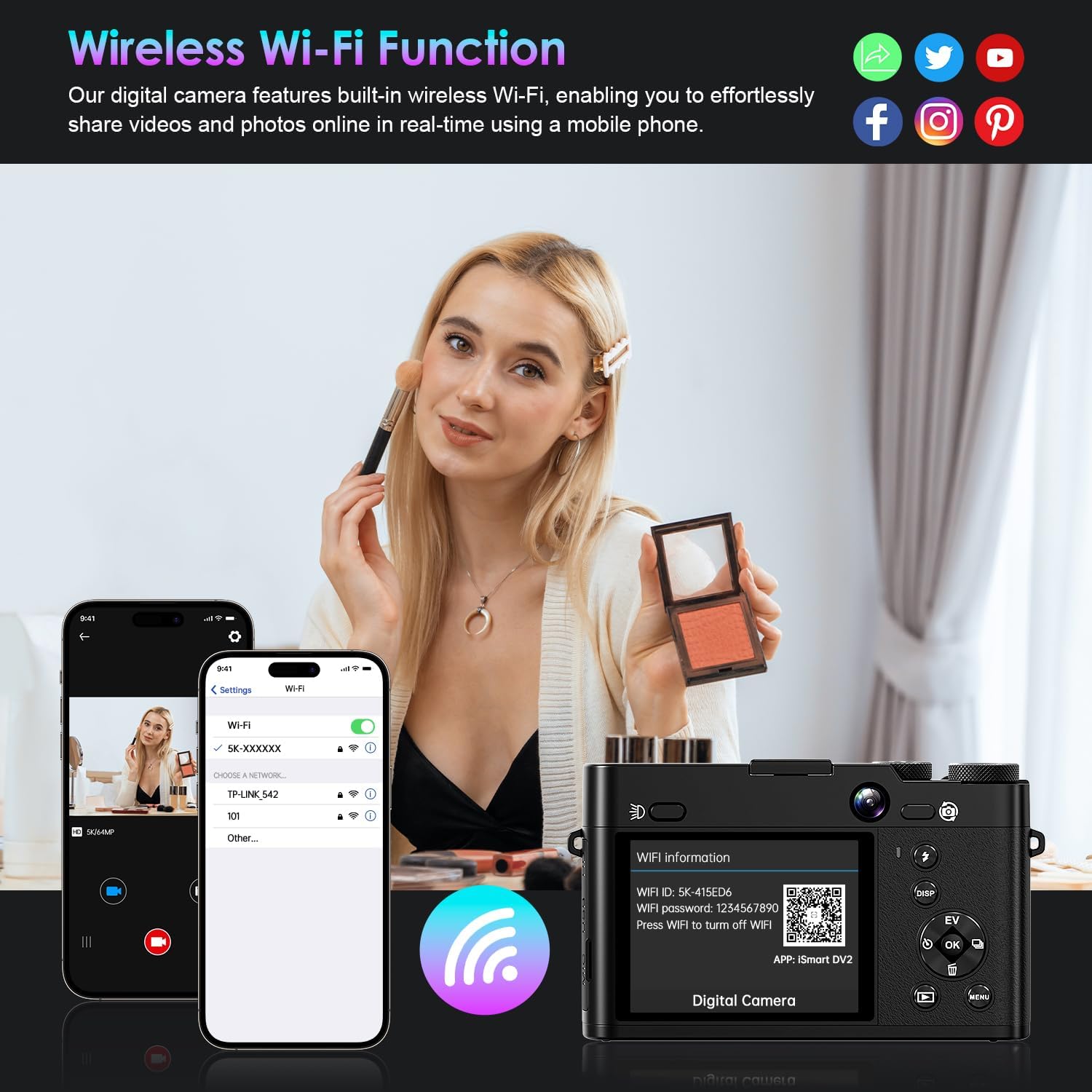 5K 64MP Digital Camera 3X Optical Zoom, WiFi Cameras for Photography & Video, Autofocus Travel Vlogging Camera for YouTube, 64GB Card, 2 Batteries - Image 5