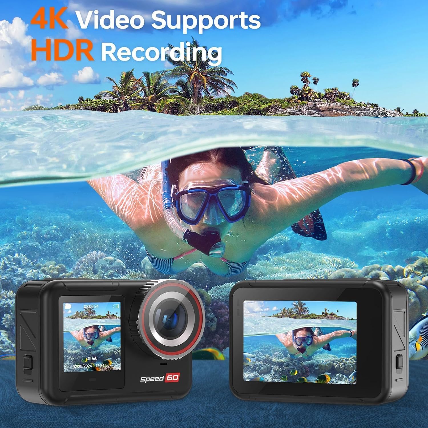 Action Camera Speed 60 4K60FPS 48MP WiFi with 2.35" HDR Touch Screen EIS 8X Zoom Remote Control,Bare Machine Waterproof 33FT with Waterproof Case 131FT, 2x2150mAh Battery, 30 Burst Vlog Camera - Image 5