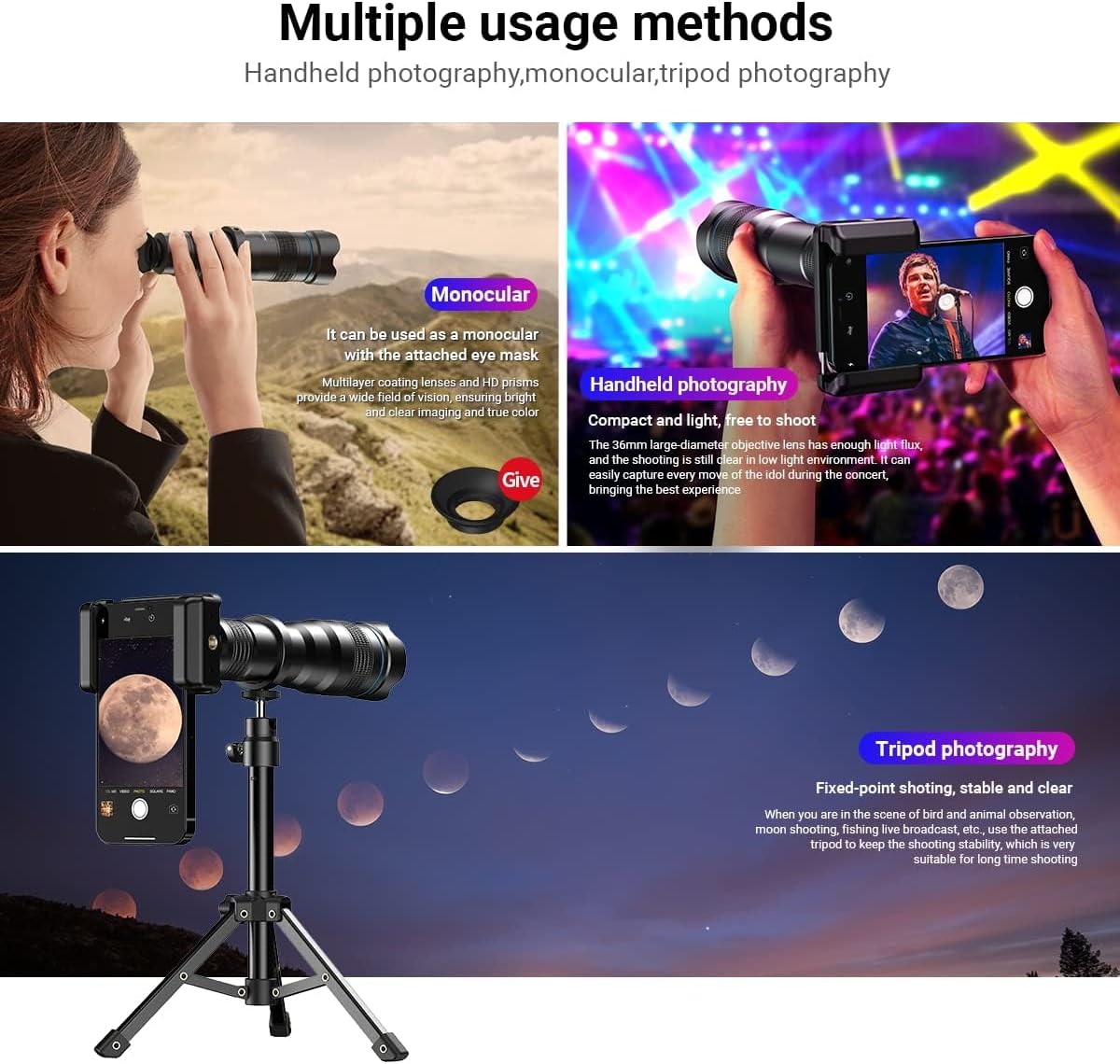 APEXEL 36X Telephoto Lens Kit for Smartphone, Magnification Phone Lens with Universal Clip Attachment, HD Magnifier Photography Lens for iPhone Android Phone (Fits for Almost All Phone) - Image 5